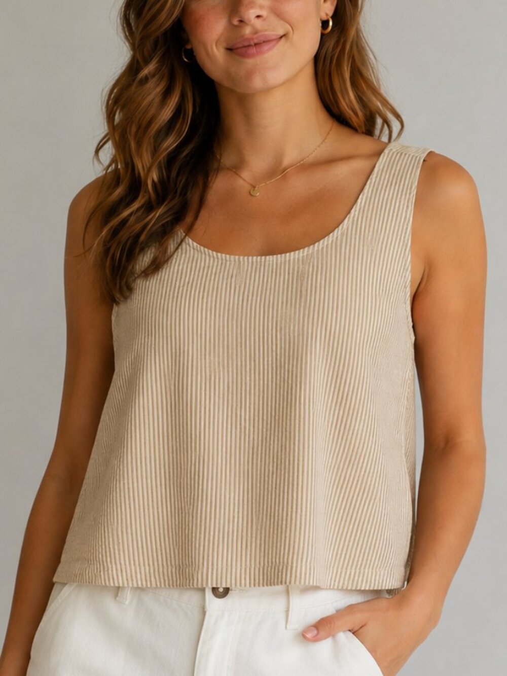 MOD REF Seersucker Striped Boxy Tank Top Cream Tan Size Large
